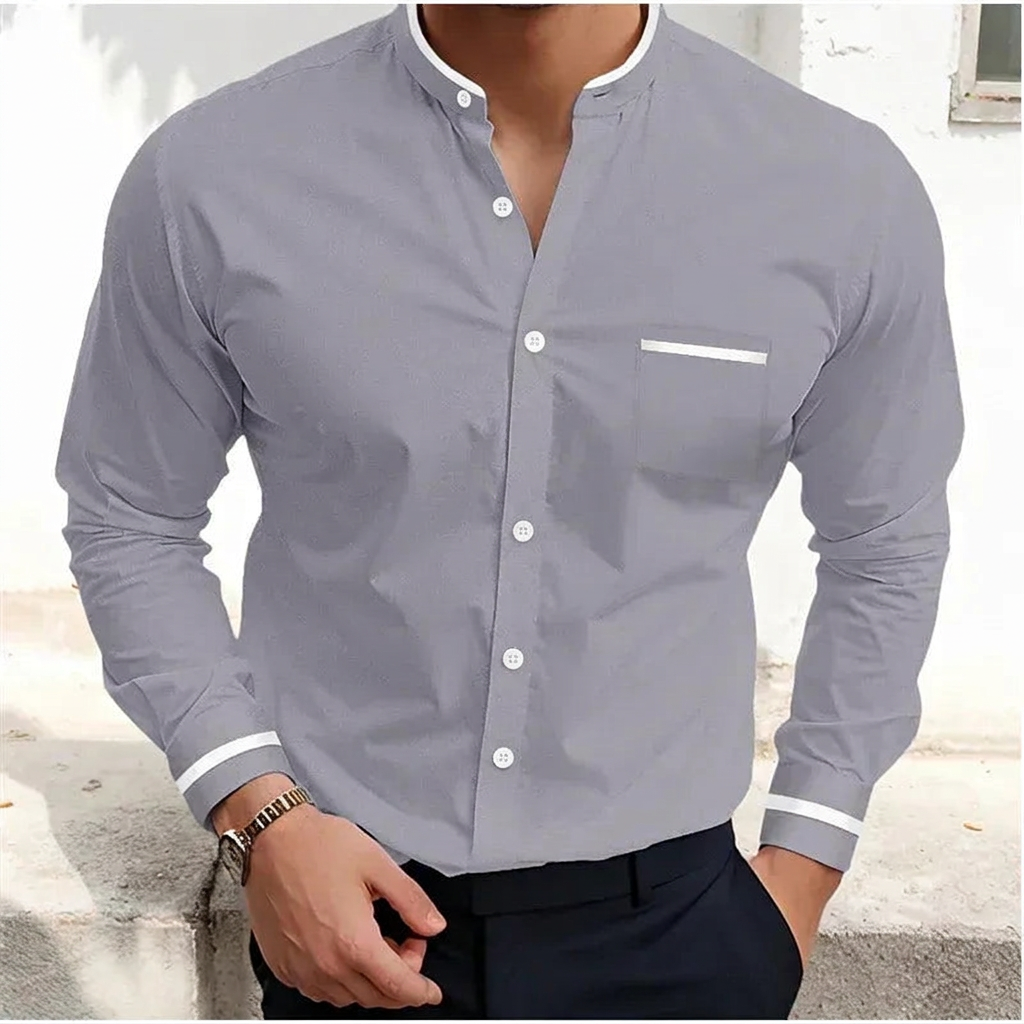 Men's Long Sleeve Shirt - Band Collar - Contrast Trim Detail