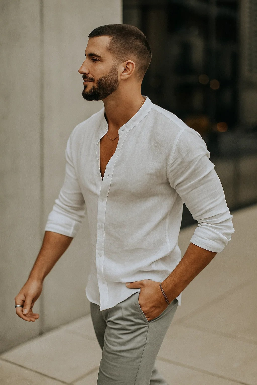 Men's Linen Shirt - Band Collar Long Sleeve Button-Up