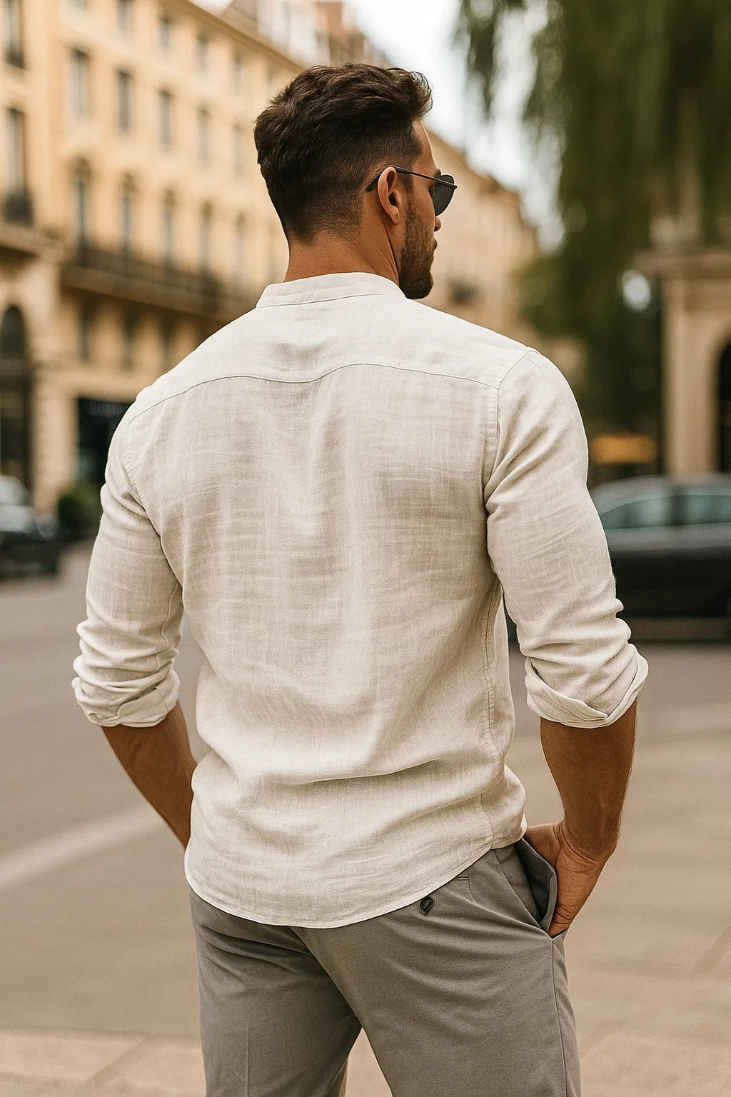 Men's Linen Shirt - Band Collar Long Sleeve Button-Up