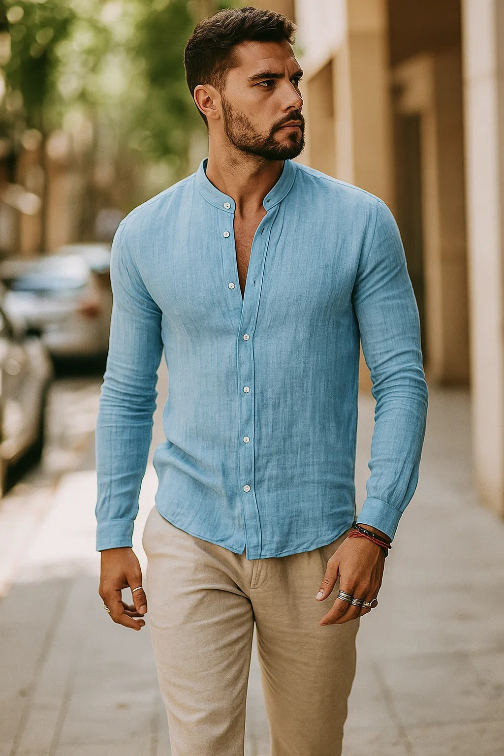 Men's Linen Shirt - Band Collar Long Sleeve Button-Up