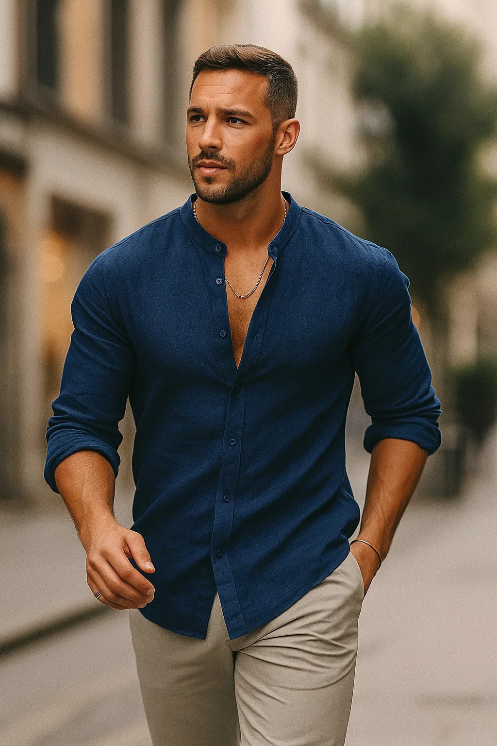 Men's Linen Shirt - Band Collar Long Sleeve Button-Up