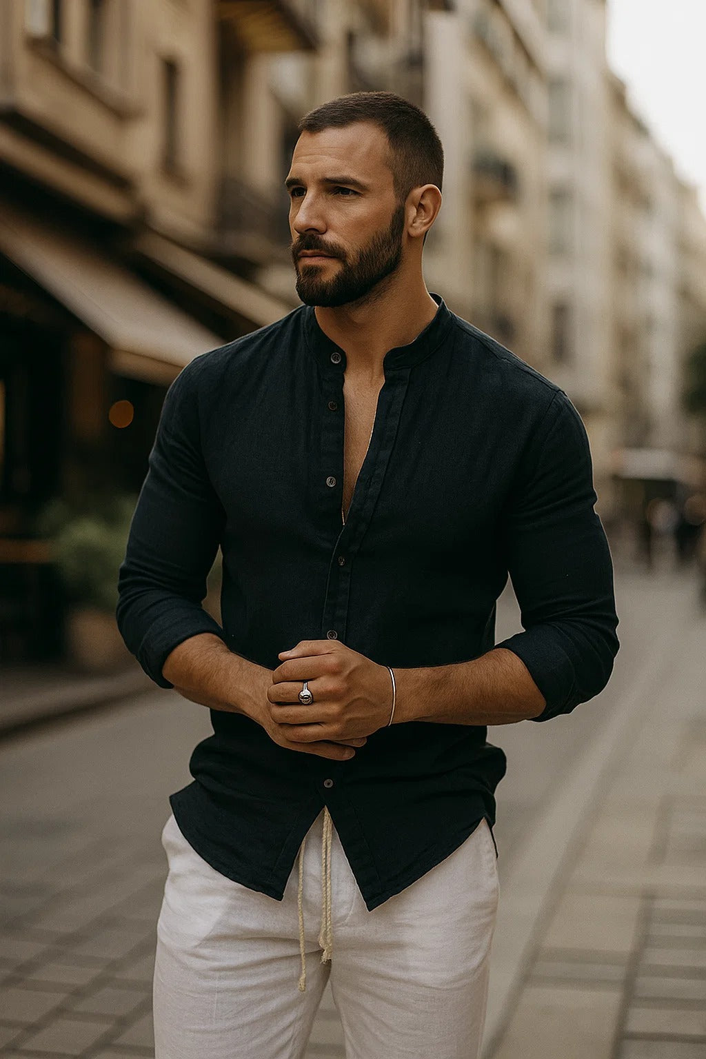 Men's Linen Shirt - Band Collar Long Sleeve Button-Up