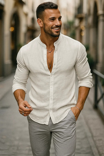 Men's Linen Shirt - Band Collar Long Sleeve Button-Up