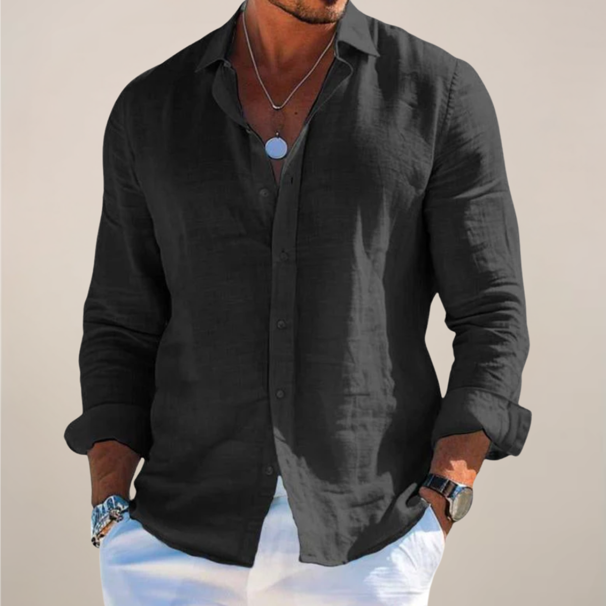 Men's Long Sleeve Shirt - Button Up Textured Woven Relaxed Fit