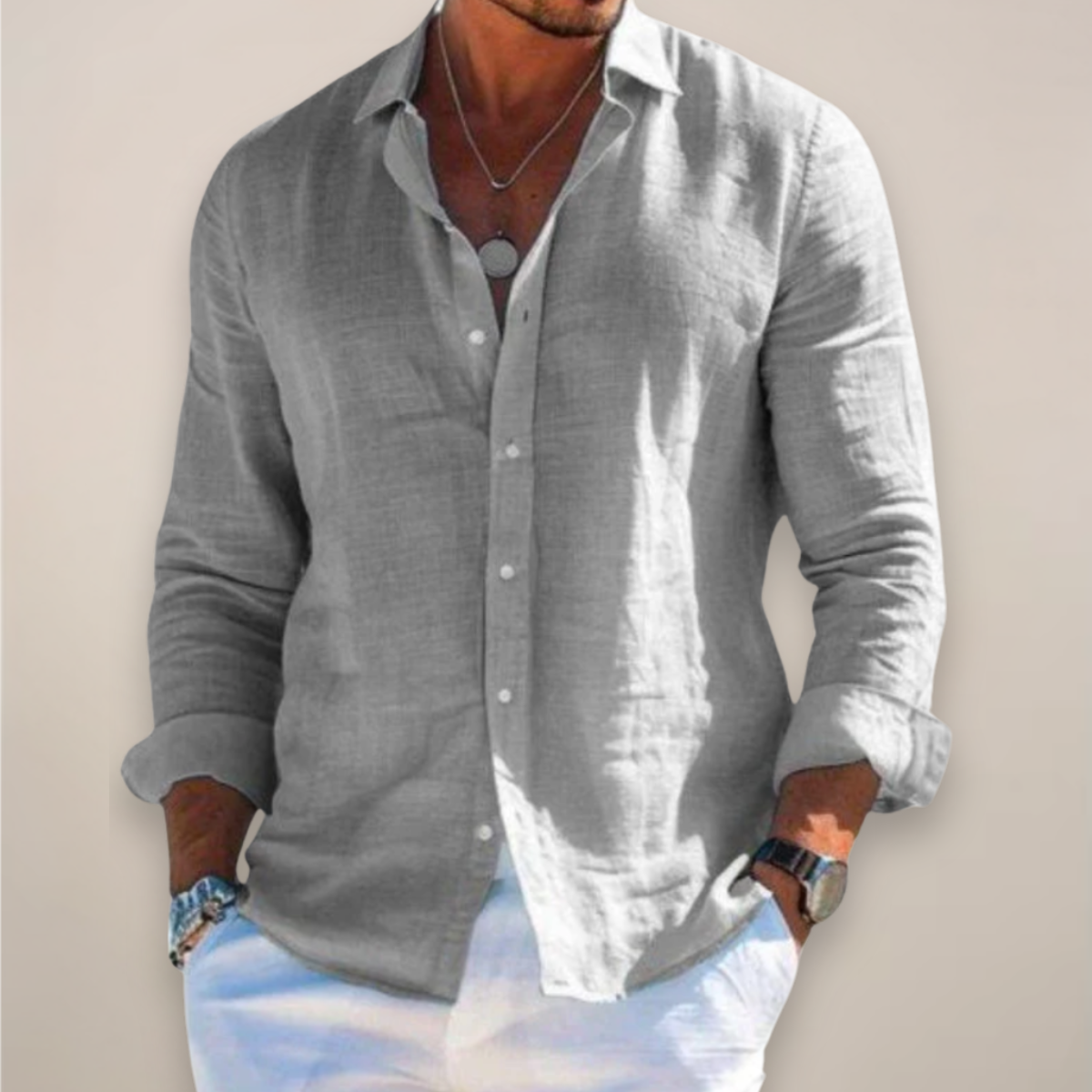 Men's Long Sleeve Shirt - Button Up Textured Woven Relaxed Fit