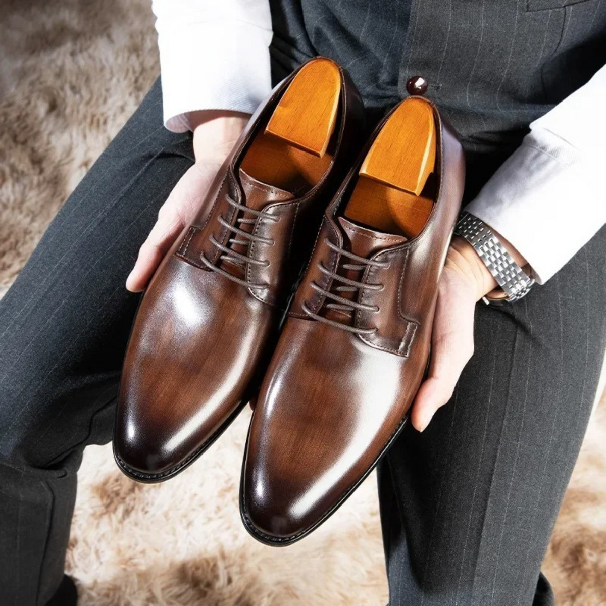 Men's Brown Dress Shoes - Derby Lace-Up Pointed Toe
