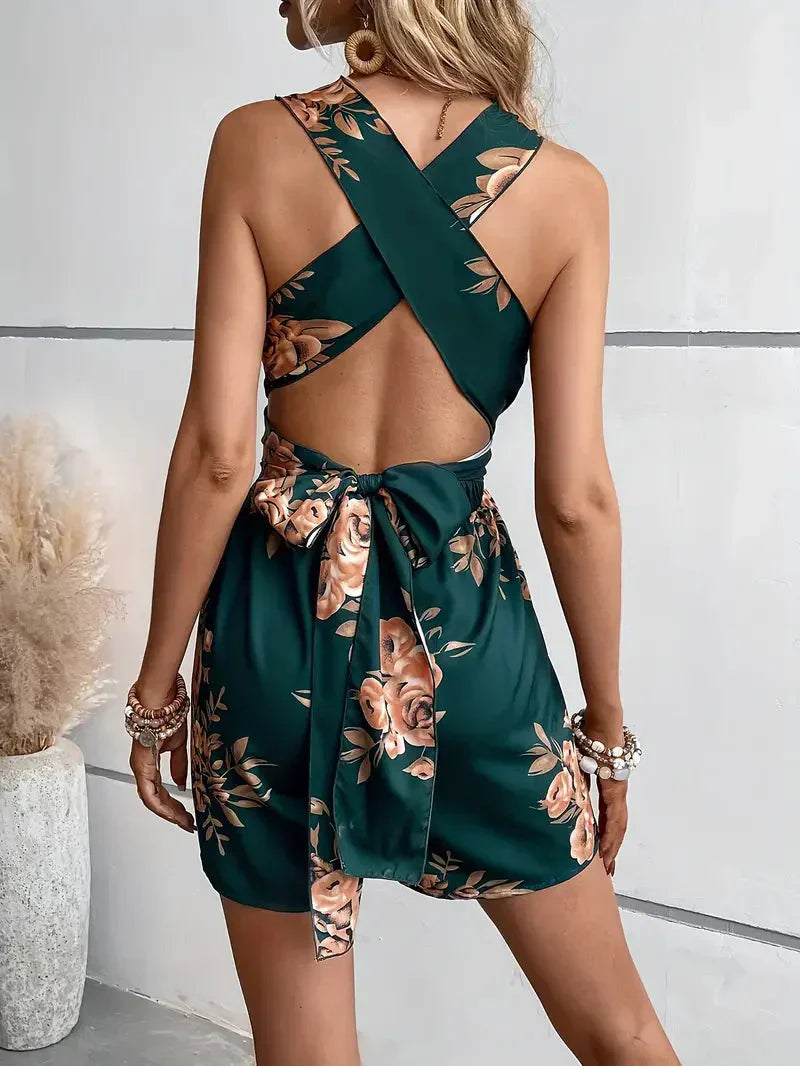 Women’s Sleeveless Mini Jumpsuit with V Neckline Cross Back Straps and Tie Waist