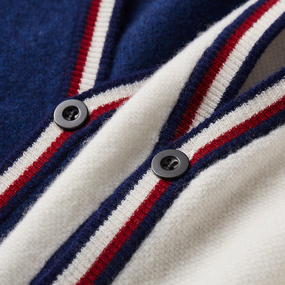 Men's Wool Cardigan - V-Neck Button Front with Contrast Stripe Trim