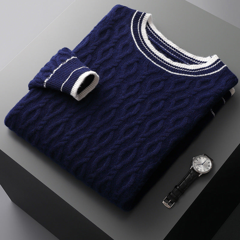 Men's Cable Knit Jumper - Crew Neck Long Sleeve Contrast Trim