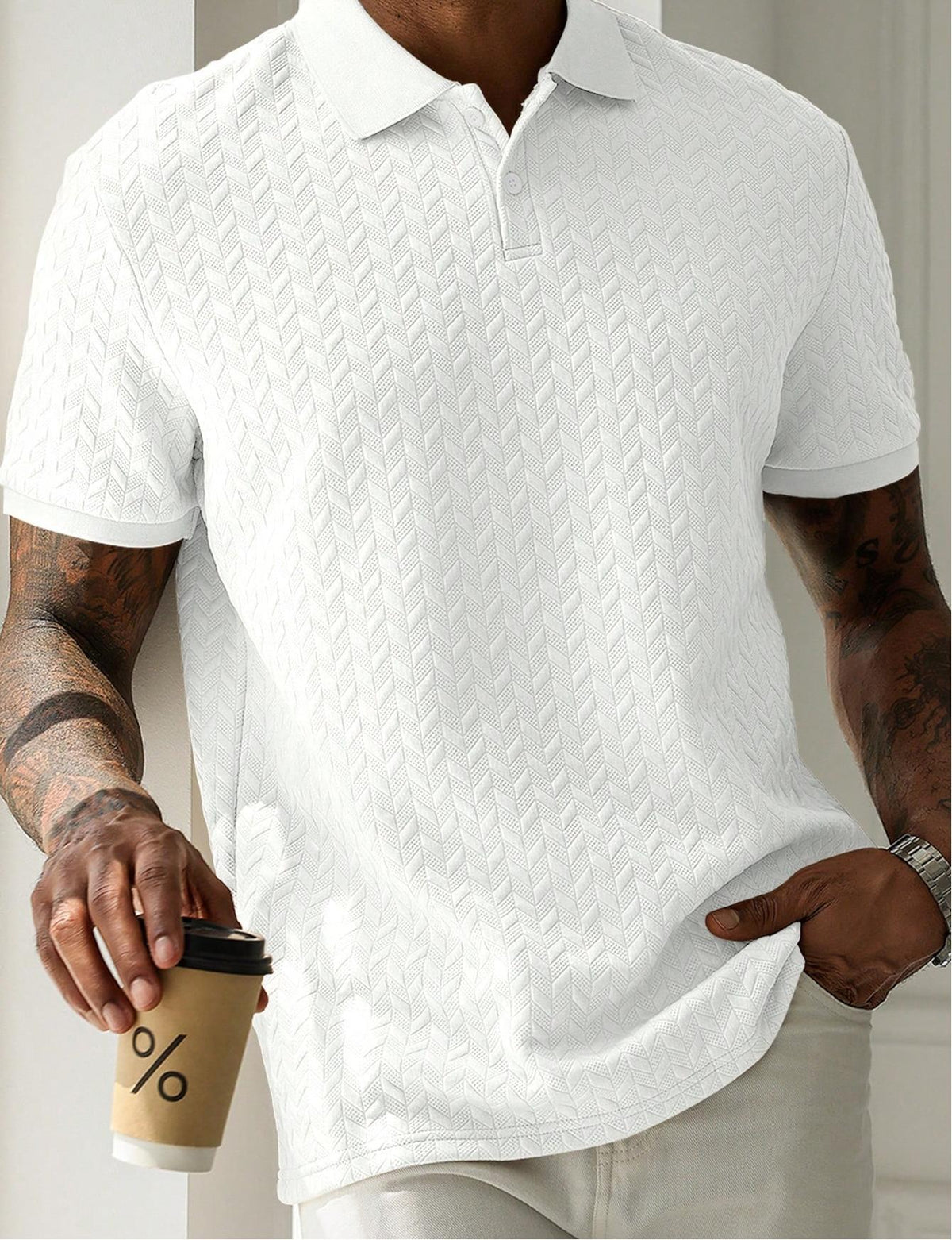 Men's Polo Tees - Short Sleeve Herringbone Knit Texture Button Placket