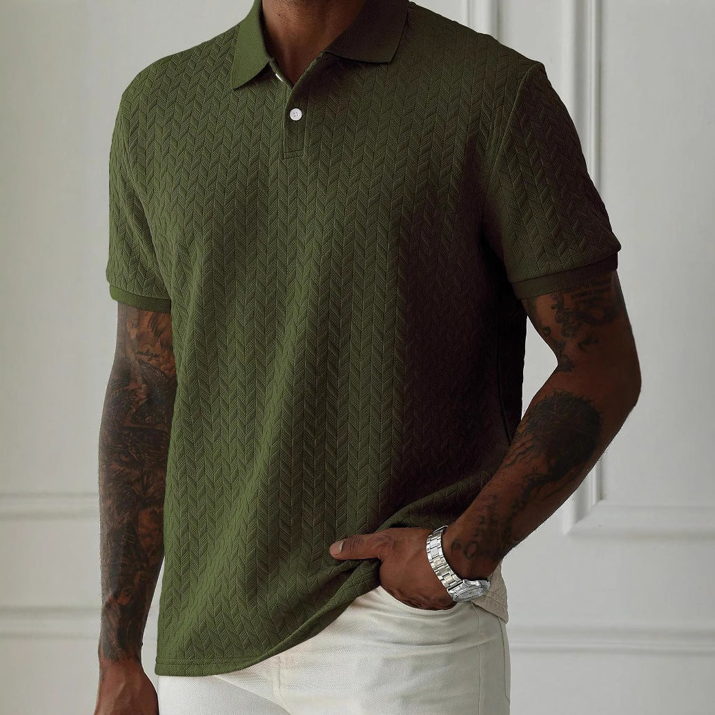 Men's Polo Tees - Short Sleeve Herringbone Knit Texture Button Placket