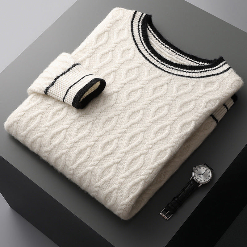 Men's Cable Knit Jumper - Crew Neck Long Sleeve Contrast Trim