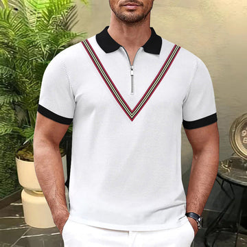 Men's Polo Shirts - Quarter Zip V-Stripe Contrast Collar Short Sleeve