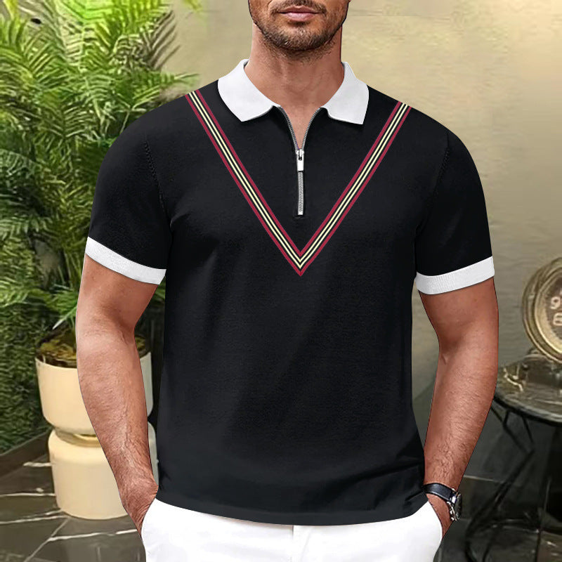Men's Polo Shirts - Quarter Zip V-Stripe Contrast Collar Short Sleeve