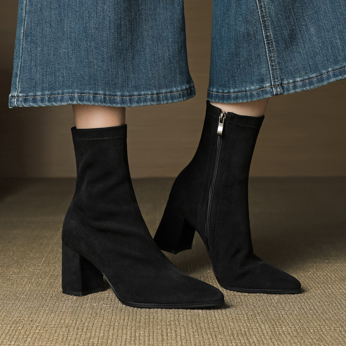 Women's Ankle Boots - Pointed Toe Block Heel Side Zip