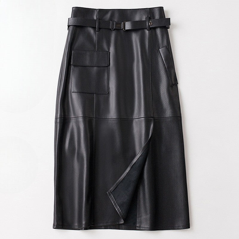 Women's Midi Skirt - A-Line High Waist with Perforated Panel and Cargo Pocket