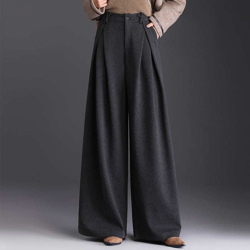 Women's Wide Leg Pants - High Waist Double Pleat with Button Closure