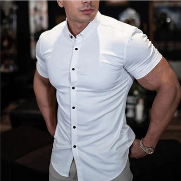 Men's Short Sleeve Button Front Slim Fit Spread Collar Shirt
