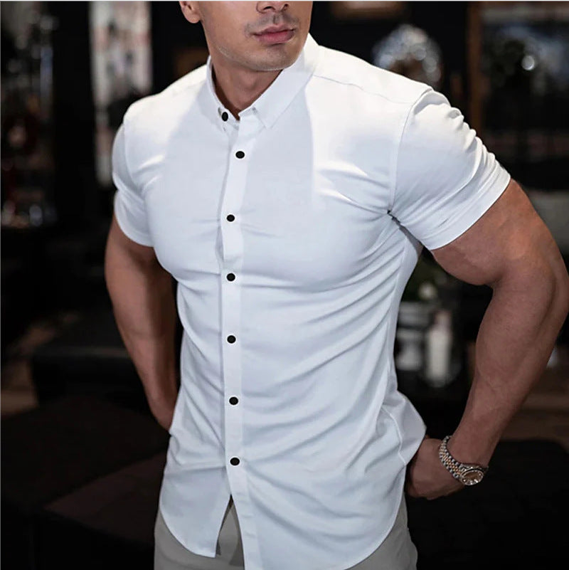 Men's Short Sleeve Button Front Slim Fit Spread Collar Shirt