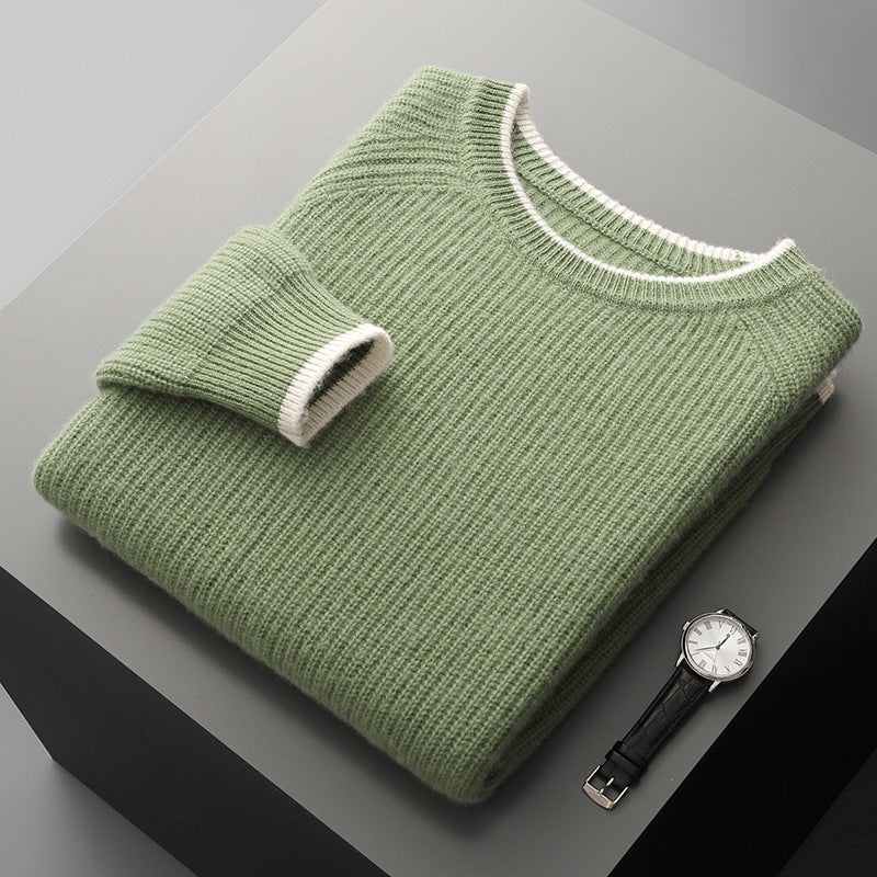 Men's Knit Jumper - Crew Neck Raglan Sleeve Ribbed Pullover