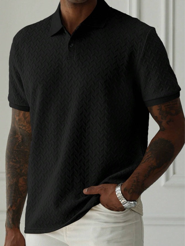 Men's Polo Tees - Short Sleeve Herringbone Knit Texture Button Placket