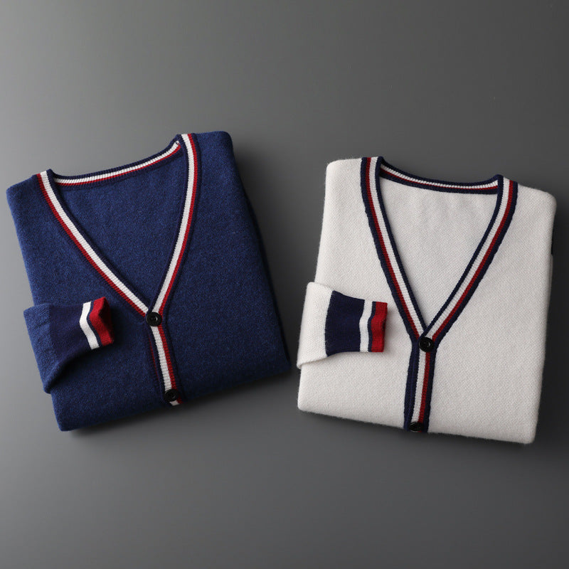 Men's Wool Cardigan - V-Neck Button Front with Contrast Stripe Trim
