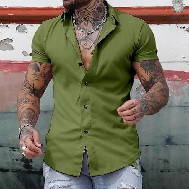 Men's Short Sleeve Button Down Shirt - Spread Collar Slim Fit Curved Hem