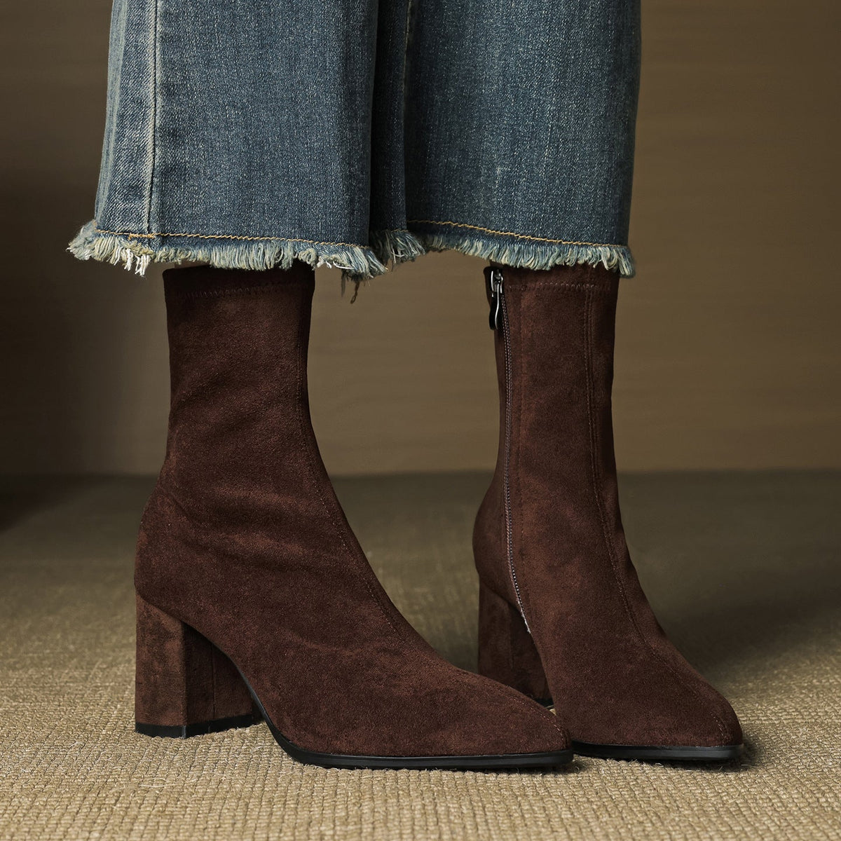 Women's Ankle Boots - Pointed Toe Block Heel Side Zip