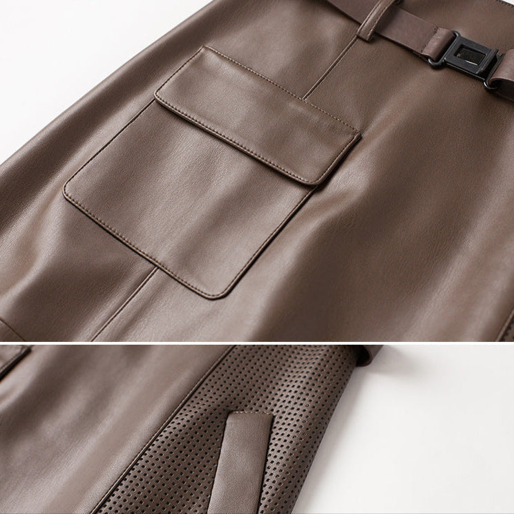 Women's Midi Skirt - A-Line High Waist with Perforated Panel and Cargo Pocket