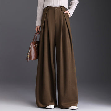 Women's Wide Leg Pants - High Waist Double Pleat with Button Closure