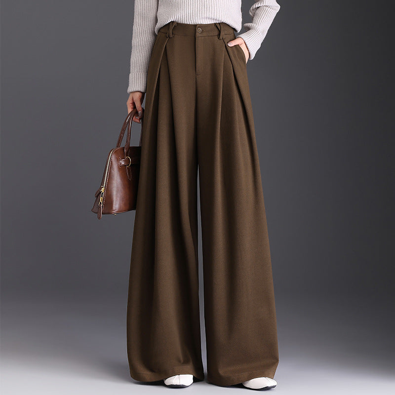 Women's Wide Leg Pants - High Waist Double Pleat with Button Closure
