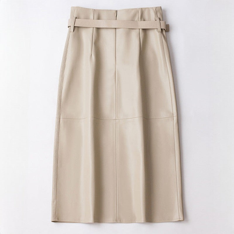 Women's Midi Skirt - A-Line High Waist with Perforated Panel and Cargo Pocket