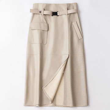 Women's Midi Skirt - A-Line High Waist with Perforated Panel and Cargo Pocket