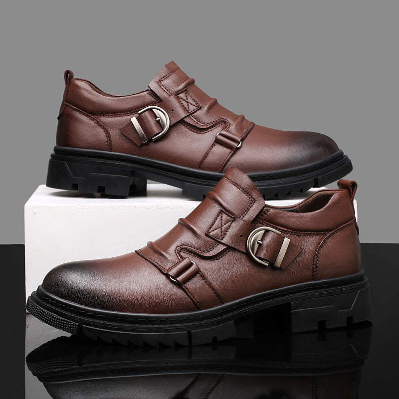 Men's Leather Dual Monk Strap Round Toe Ankle Shoes