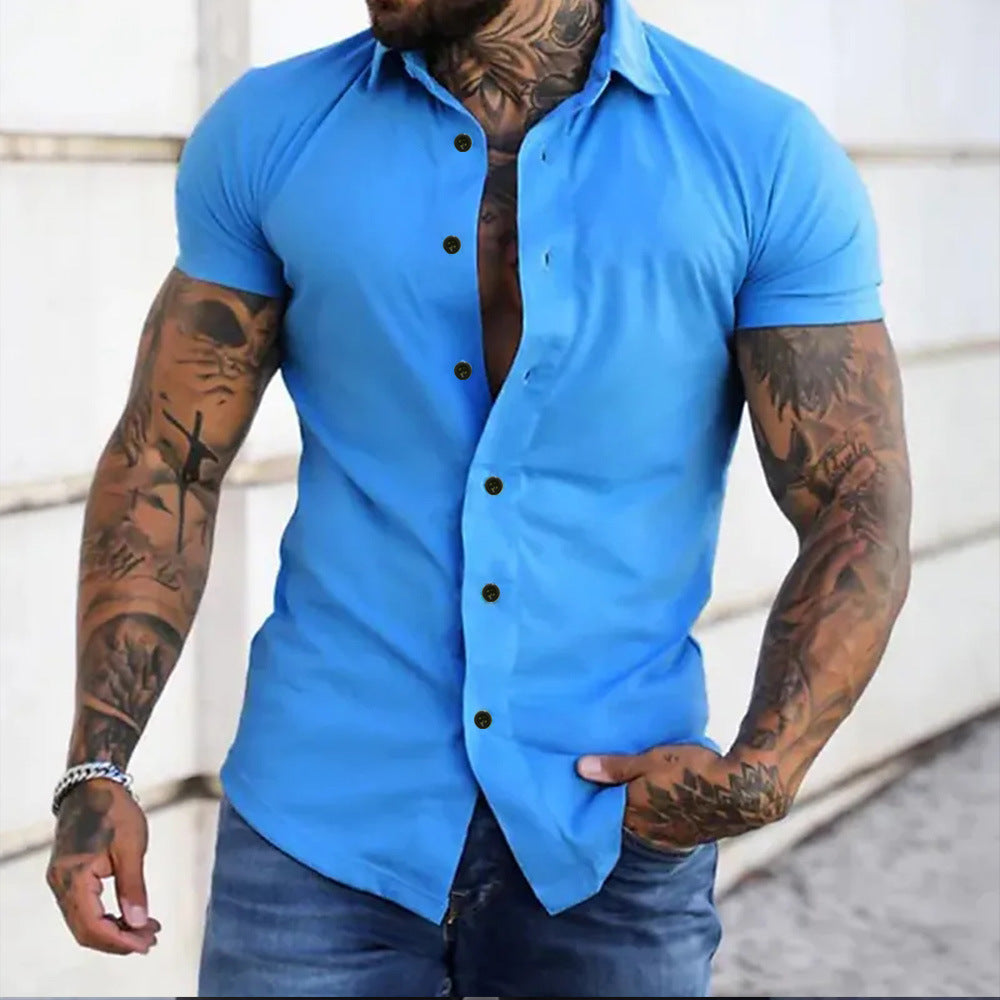 Men's Short Sleeve Button Front Slim Fit Spread Collar Shirt