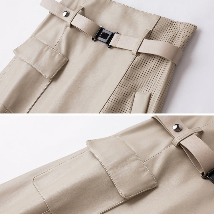 Women's Midi Skirt - A-Line High Waist with Perforated Panel and Cargo Pocket