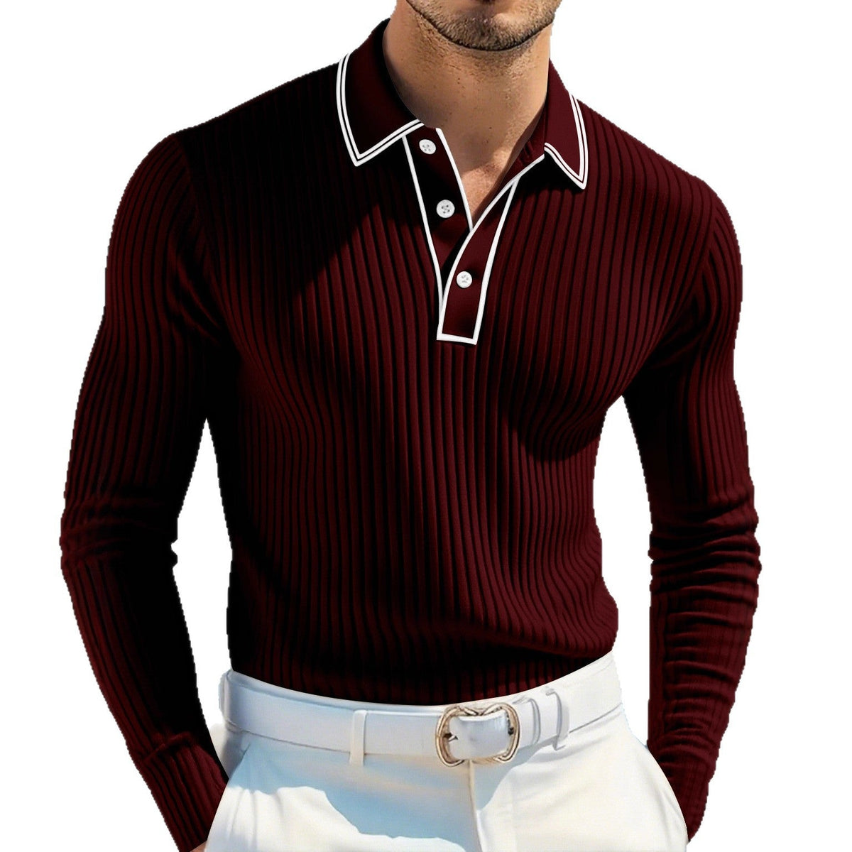 Men's Polo Shirts - Ribbed Knit Contrast Tipped Collar Button Placket