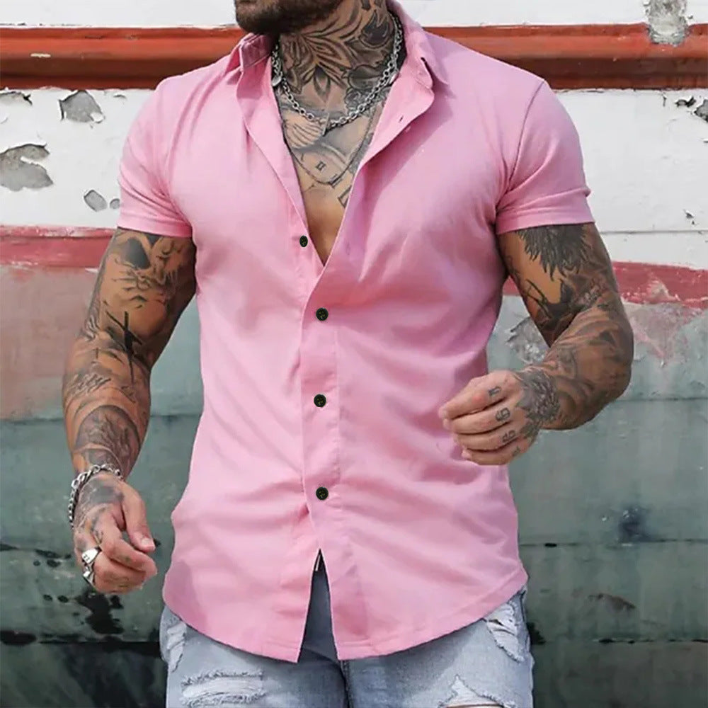 Men's Short Sleeve Button Front Slim Fit Spread Collar Shirt