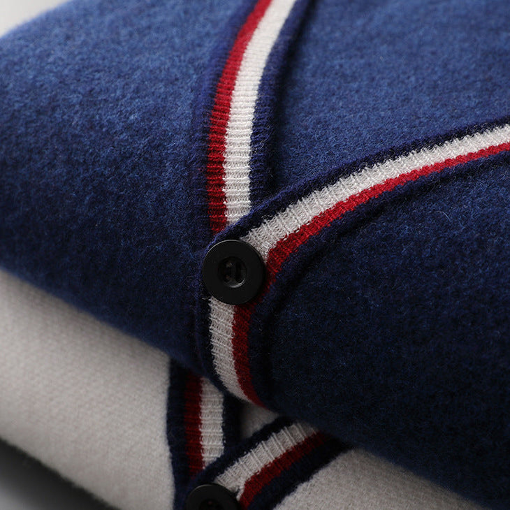 Men's Wool Cardigan - V-Neck Button Front with Contrast Stripe Trim