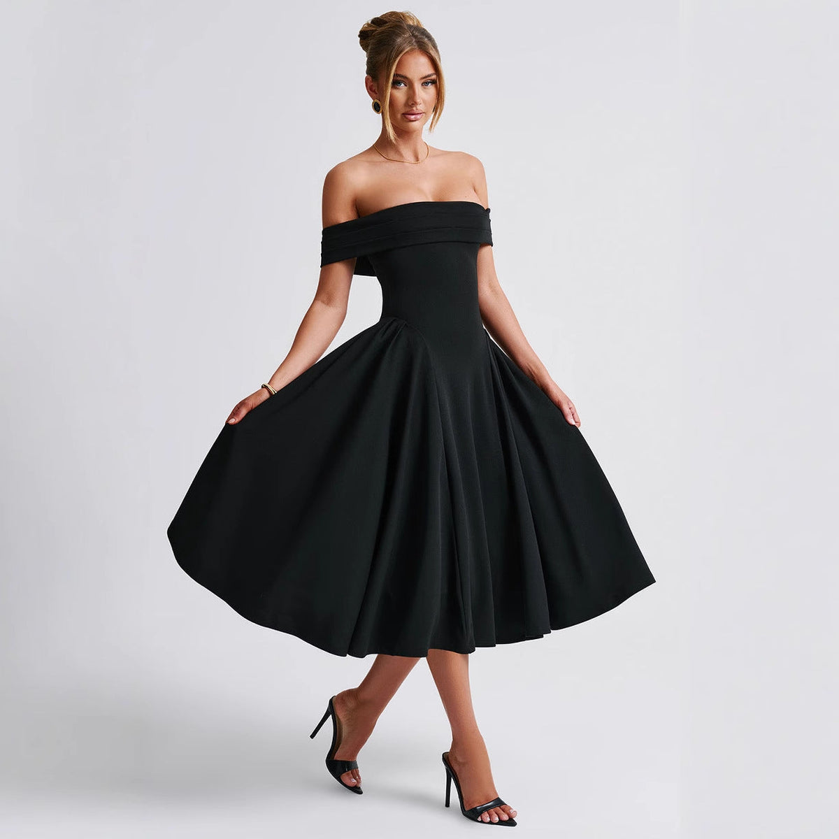 Women’s Off Shoulder Midi Dress – Structured A Line Evening Silhouette