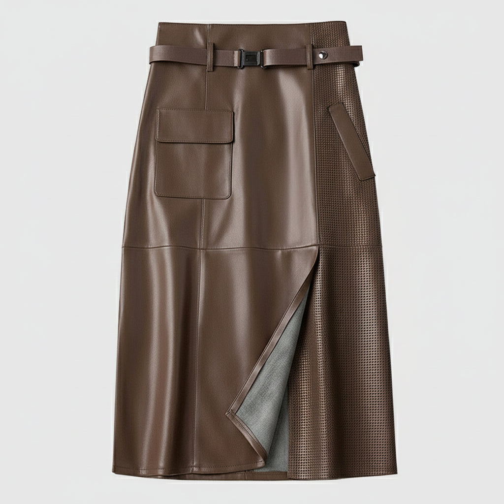 Women's Midi Skirt - A-Line High Waist with Perforated Panel and Cargo Pocket