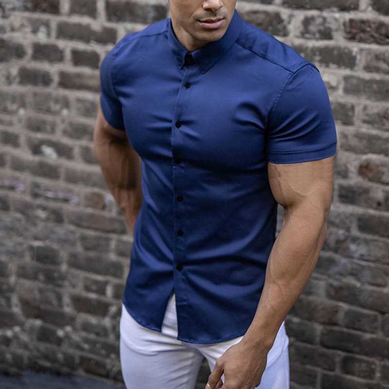 Men's Short Sleeve Button Front Slim Fit Spread Collar Shirt