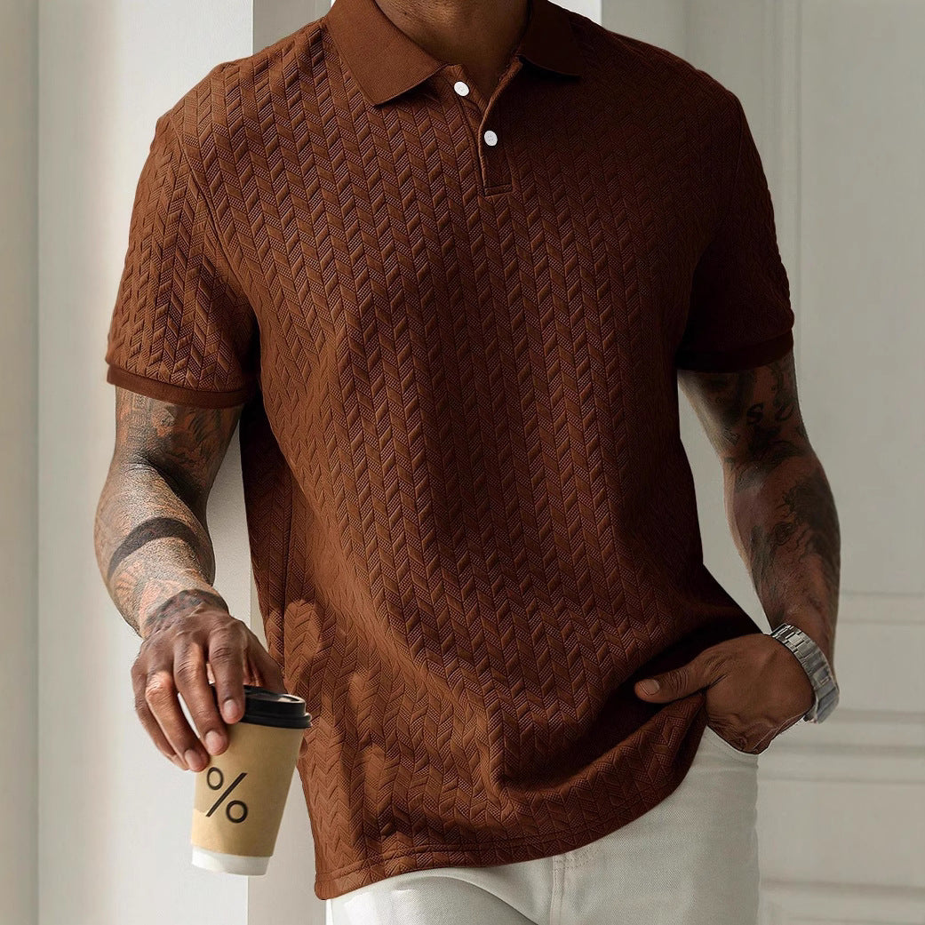 Men's Polo Tees - Short Sleeve Herringbone Knit Texture Button Placket