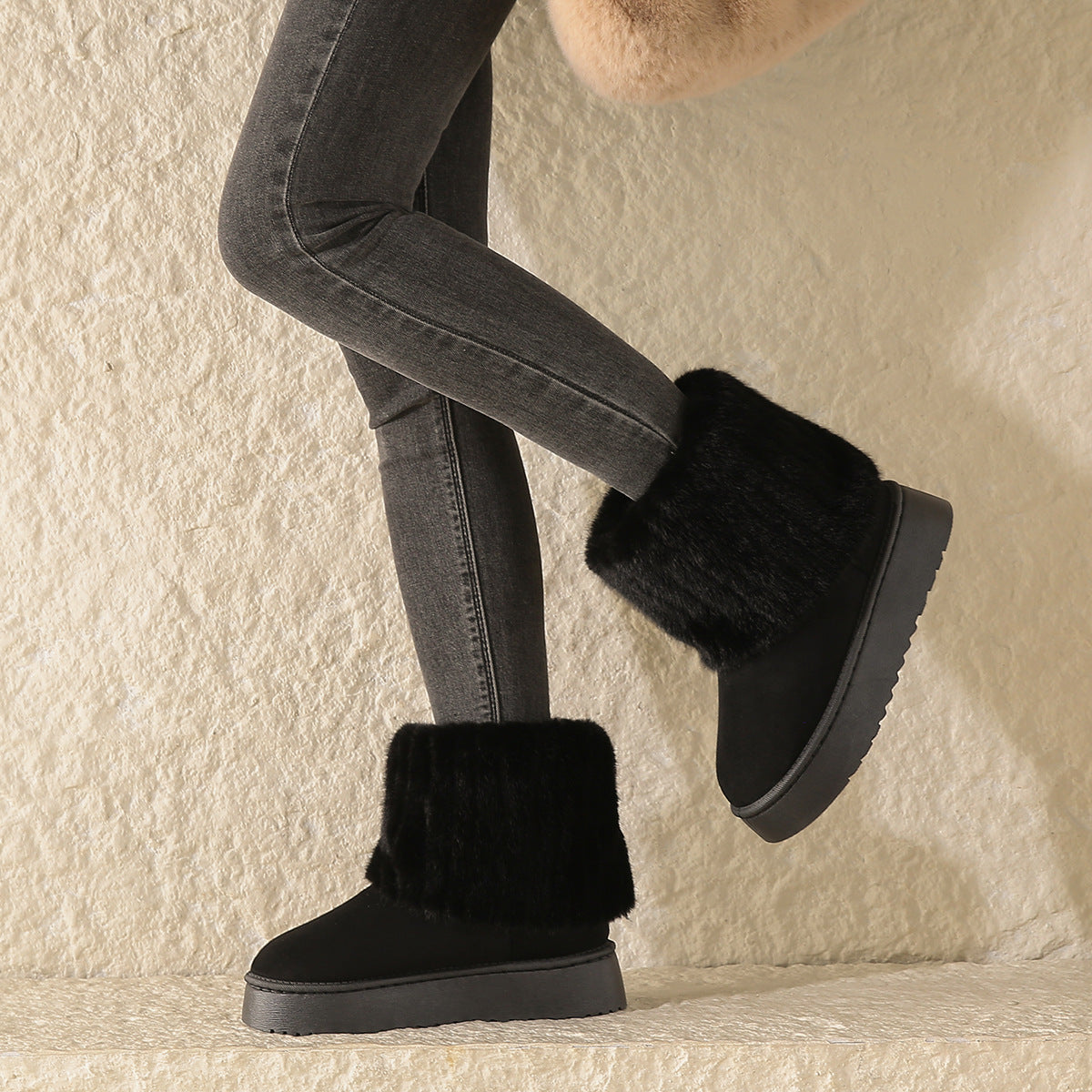 Women’s Faux Fur Ankle Boots with Round Toe and Thick Platform Sole