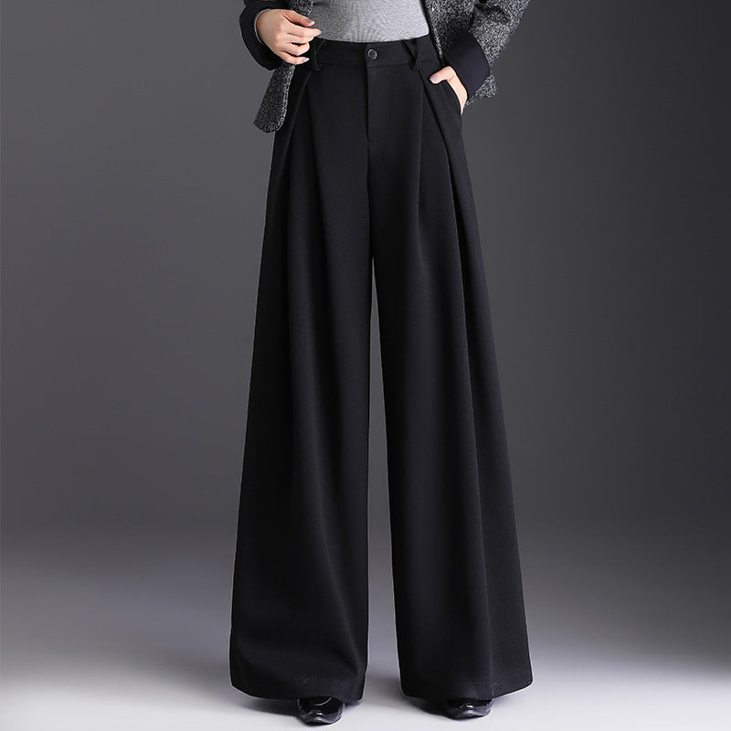 Women's Wide Leg Pants - High Waist Double Pleat with Button Closure