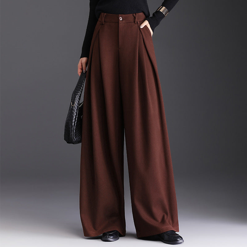 Women's Wide Leg Pants - High Waist Double Pleat with Button Closure
