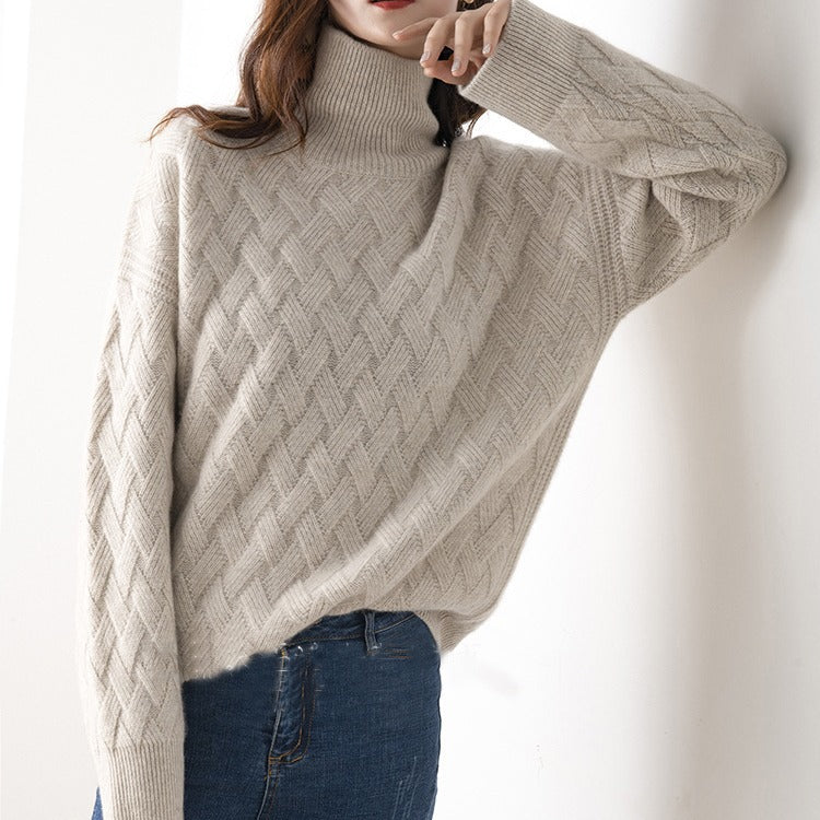 Women's Polo Neck Jumper - Diamond Cable Knit - Oversized Fit