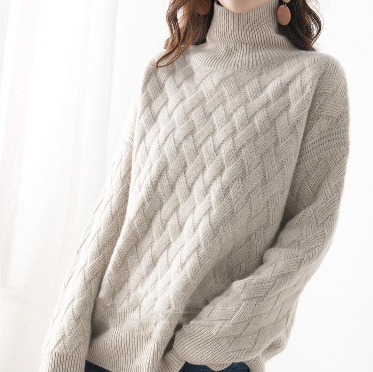 Women's Polo Neck Jumper - Diamond Cable Knit - Oversized Fit
