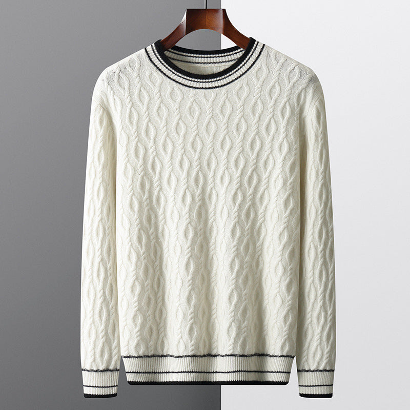 Men's Cable Knit Jumper - Crew Neck Long Sleeve Contrast Trim