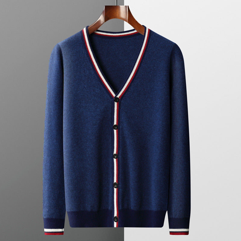 Men's Wool Cardigan - V-Neck Button Front with Contrast Stripe Trim